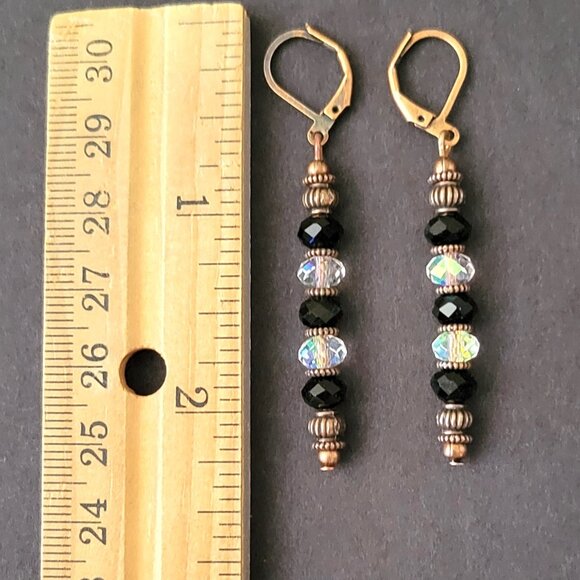 Black White CRYSTAL Rondelle EARRINGS Copper Brass Lever Back Earwires Art Deco - Picture 5 of 5